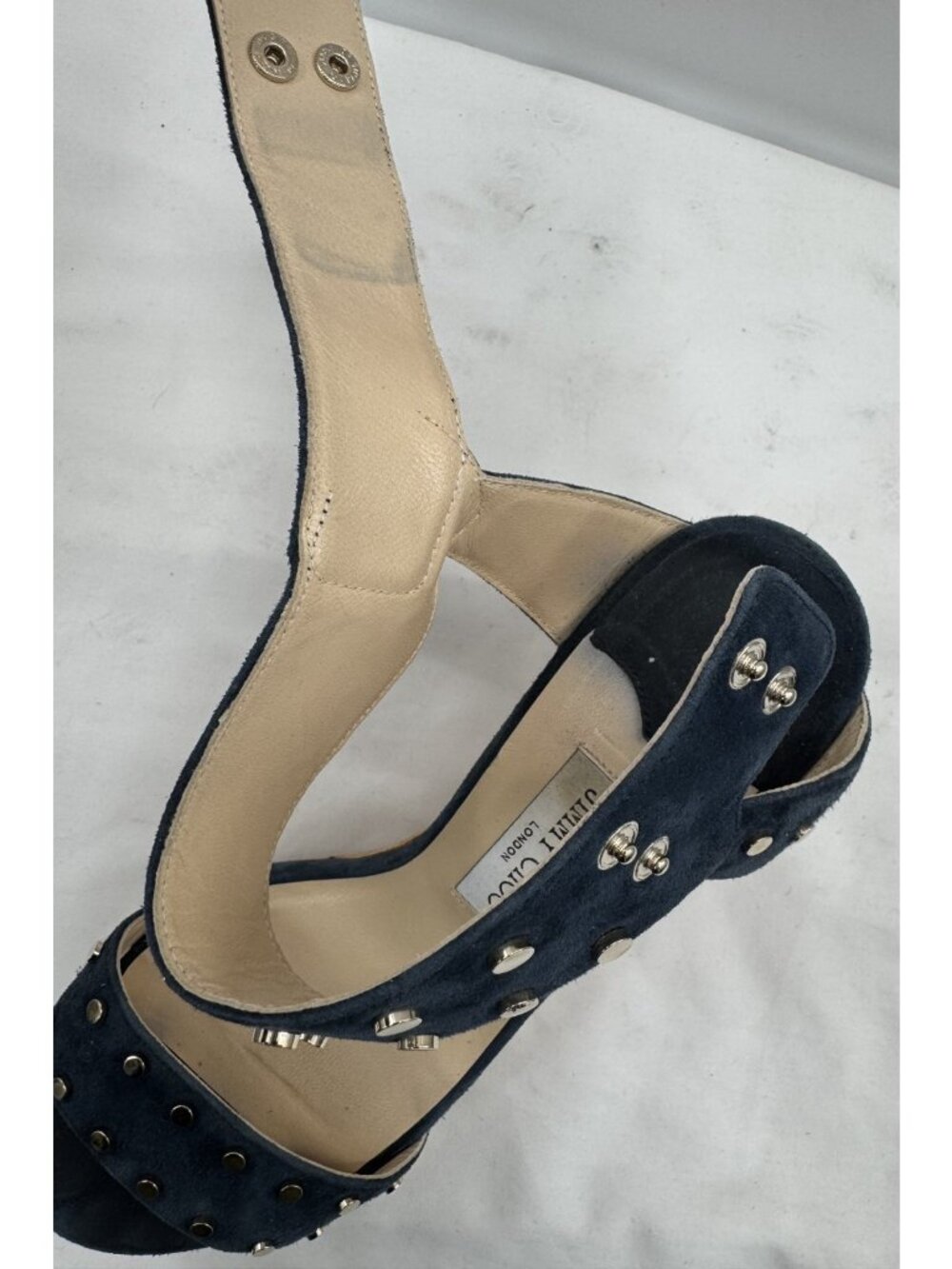 JIMMY CHOO Dark Navy Suede Studded Cork Nelly Wedge Sandals Heels Shoes Sz 41.5 - Picture 12 of 16